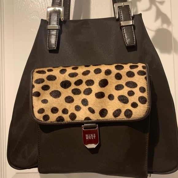 Shoulder Travel Bag Tote Purse Leopard Animal Print Calf Skin Fur Trim EUC - Picture 2 of 8